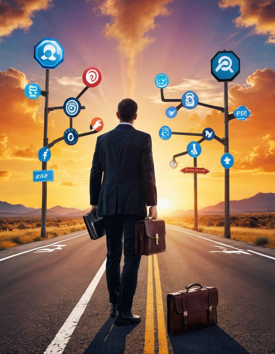 A person standing at a crossroads, holding a briefcase with icons of various career paths emerging from each direction, symbolizing choices and opportunities. The background shows a sunrise, representing new beginnings and hope. Incorporate elements like a roadmap and gears to symbolize strategies and growth. super-realistic. vibrant colors. motivational atmosphere.