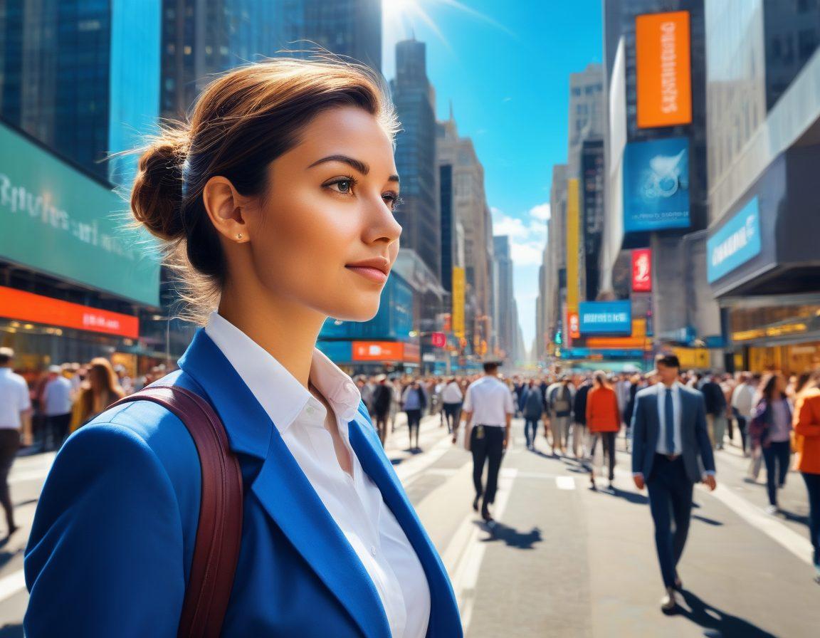 A professional individual confidently navigating a bustling cityscape filled with diverse people, symbolizing the job market. Highlight various career paths with visible signs and paths leading to different industries, such as technology, healthcare, and arts. The scene is vibrant and energetic, showcasing both opportunities and challenges. Incorporate a blue sky and sunshine to evoke a sense of optimism. super-realistic. vibrant colors. bustling atmosphere.